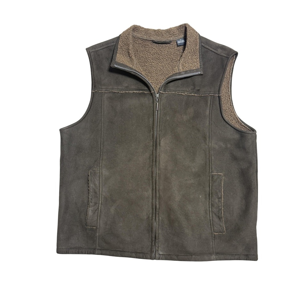 Van Heusen Vest Mens Medium Brown Sherpa Lined‎ Faux Suede Zip Front Pockets